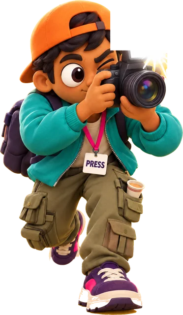 Camera Person, a reporter with a press badge and a camera