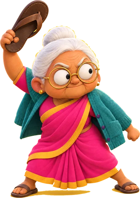 Thali Dadi, a grandmother in a pink saree waving a chappal
