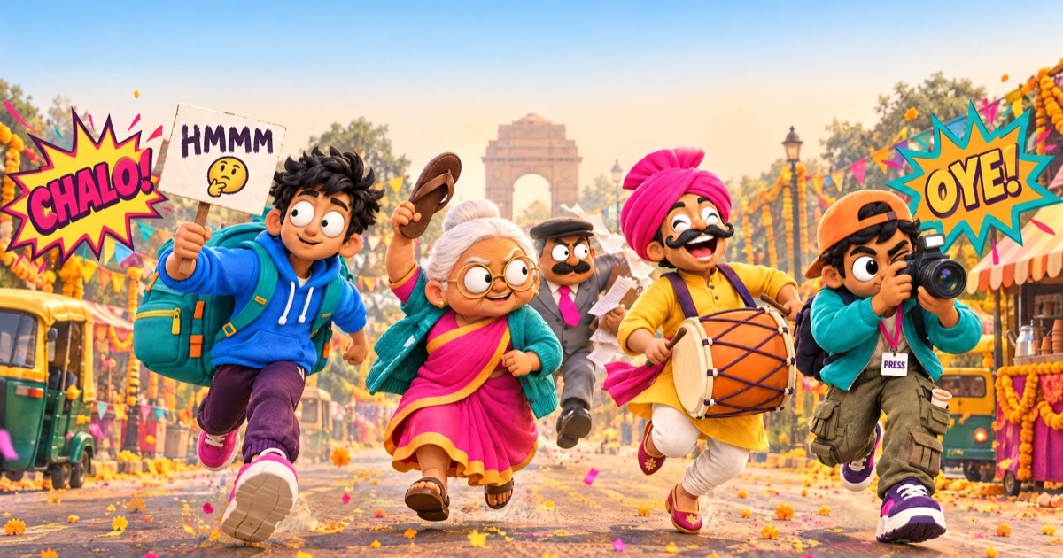 Morcha Rush key art: the runners sprint down a marigold-lined Delhi street with Daroga Ji behind them