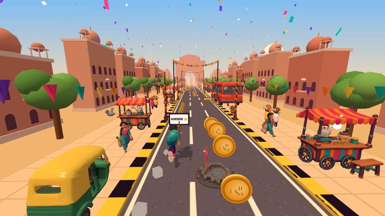 Morcha Rush gameplay: coins in the lane and a pothole ahead on a marigold-lined street